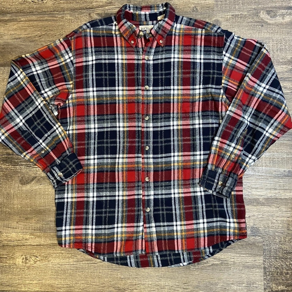 RedHead Men Large Plaid Flannel Shirt‎ Red Navy Workwear Classic Outdoors Warm